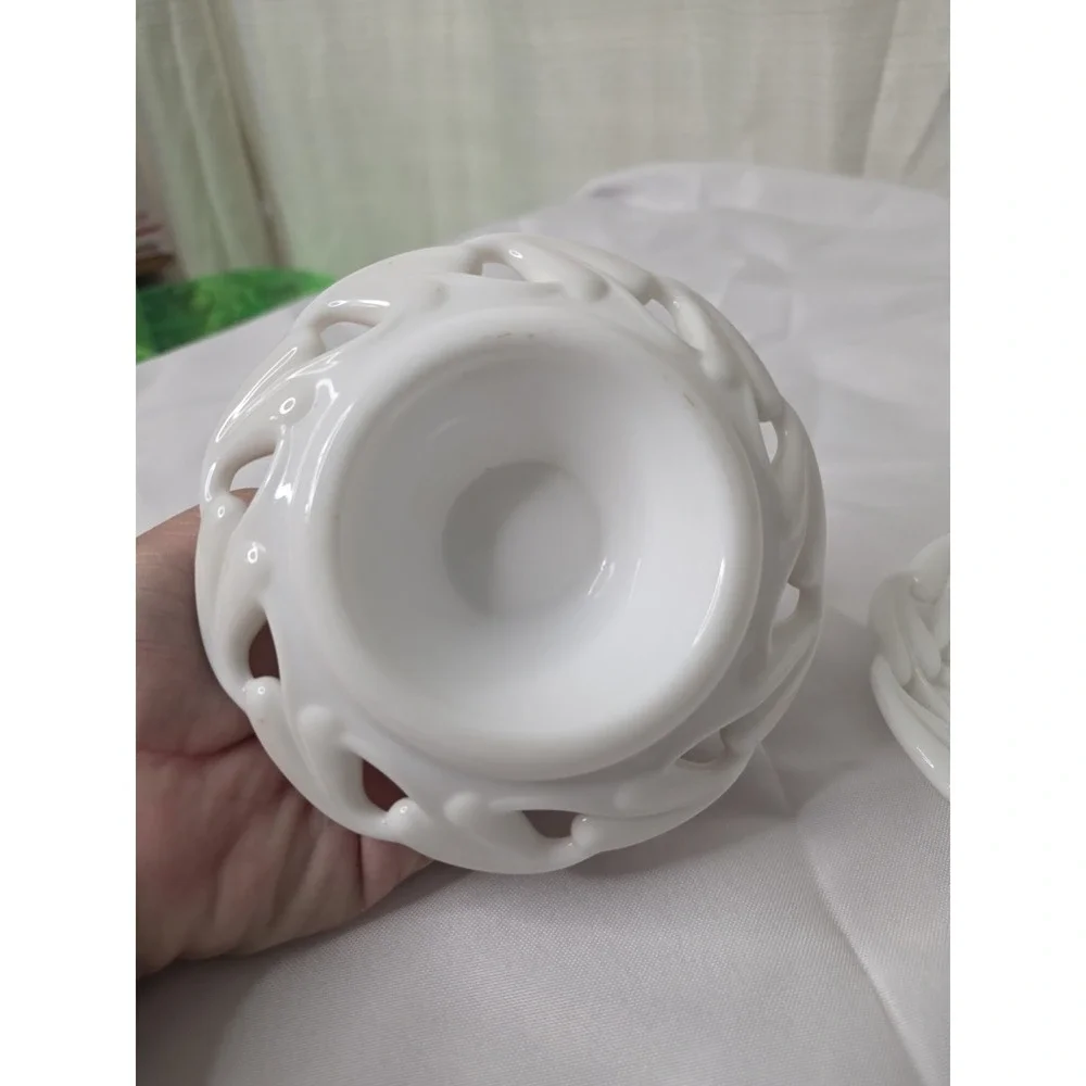 Pair Of Anchor Hocking Old Colony Milk Glass Lace Edge Taper Candle Holders